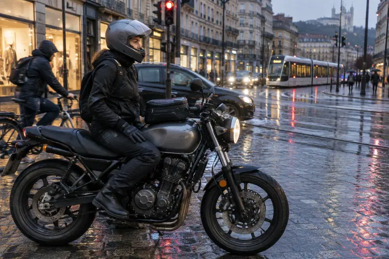 Une motarde en équipement textile attend au feu rouge sur un roadster sans carénage, sacoche sur le réservoir, dans une rue pavée de Lyon sous la pluie