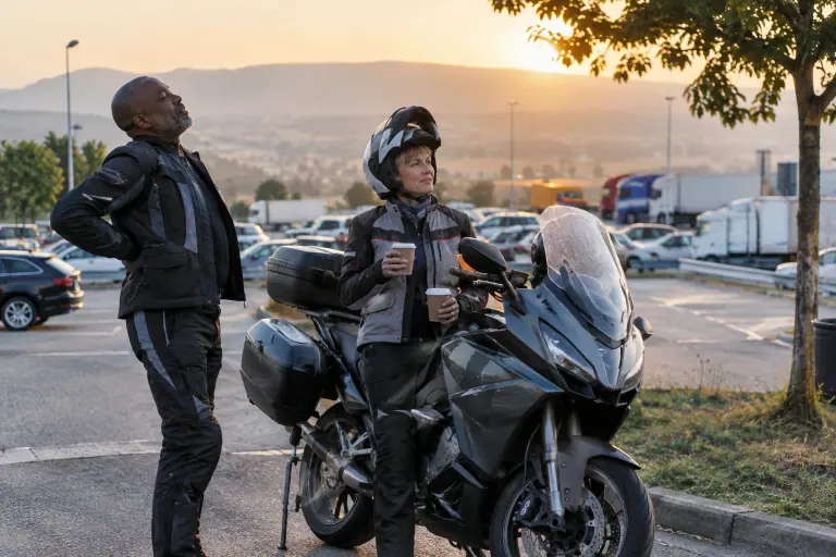 Un couple de motards en tenue textile fait une pause café sur une aire d’autoroute près de sa routière à carénage intégral, équipée de valises et d’un top case
