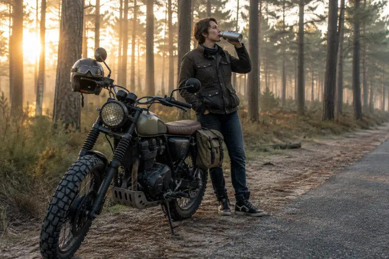 Une motarde en veste huilée et jean moto fait une pause à côté de son scrambler aux pneus à crampons, au bord d’une petite route de la forêt des Landes