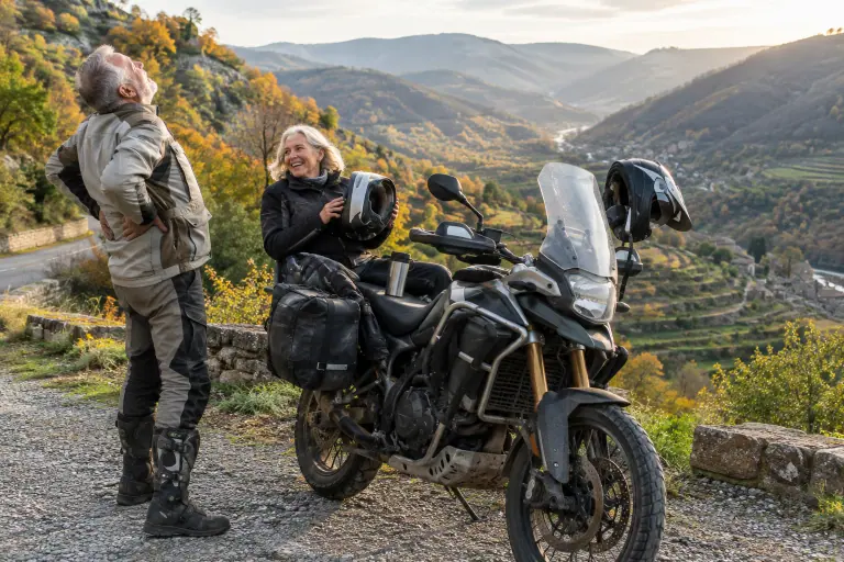 Un couple de motards en tenue textile fait une pause sur une petite route des Cévennes à côté de leur moto trail équipée de sacoches et protège-mains