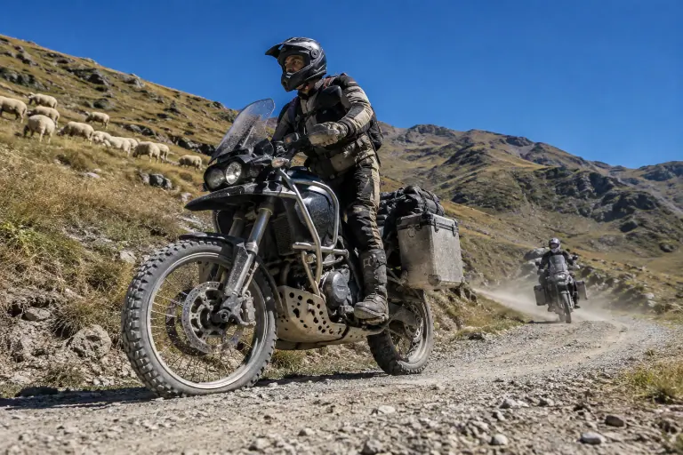 Un motard debout sur les repose-pieds d’un gros trail équipé de valises aluminium et de crash-bars, sur une piste poussiéreuse des Pyrénées