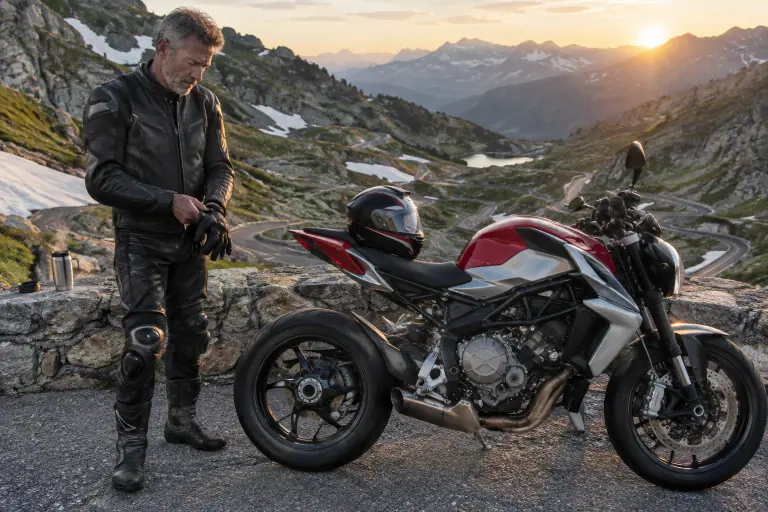 Au lever du jour sur un col alpin, un motard en cuir deux pièces retire ses gants près d’un roadster italien rouge et argent à monobras