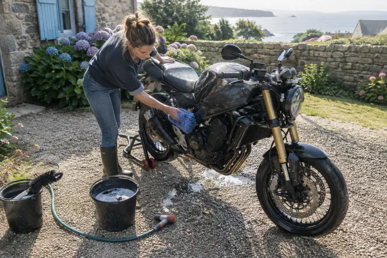 Une femme lave au gant microfibre un roadster posé sur béquille d’atelier, avec seau et tuyau d’arrosage, devant une maison en granit en Bretagne