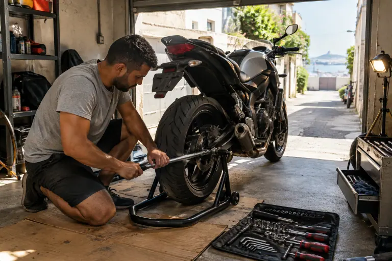 Un homme serre l’écrou d’axe arrière d’un roadster sur béquille d’atelier avec une clé dynamométrique, sa trousse à outils déroulée sur un carton