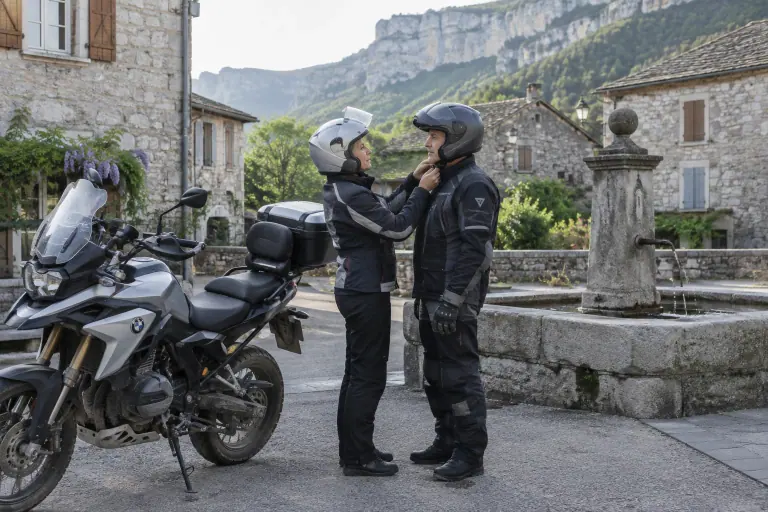 Dans un village du Vercors, une motarde ajuste la jugulaire du casque de son passager, équipé de la tête aux pieds, à côté de leur trail chargé
