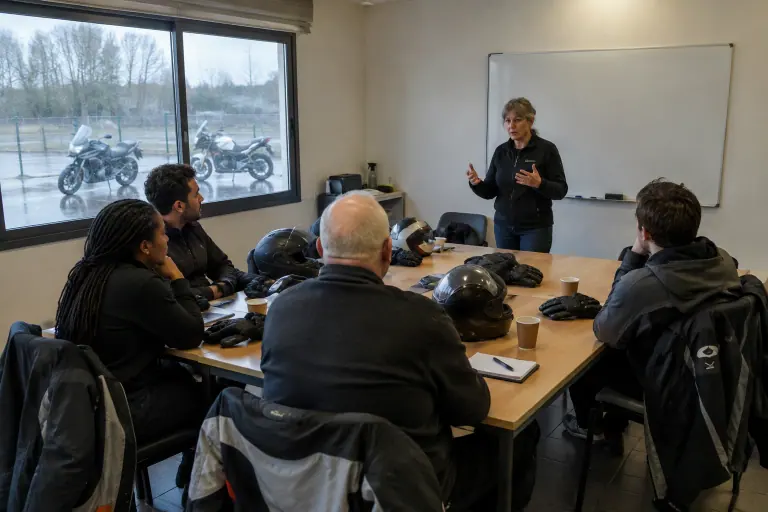Dans la salle d’une moto-école près de Bordeaux, des motards de tous âges suivent la partie théorique de la passerelle, casques posés sur la table