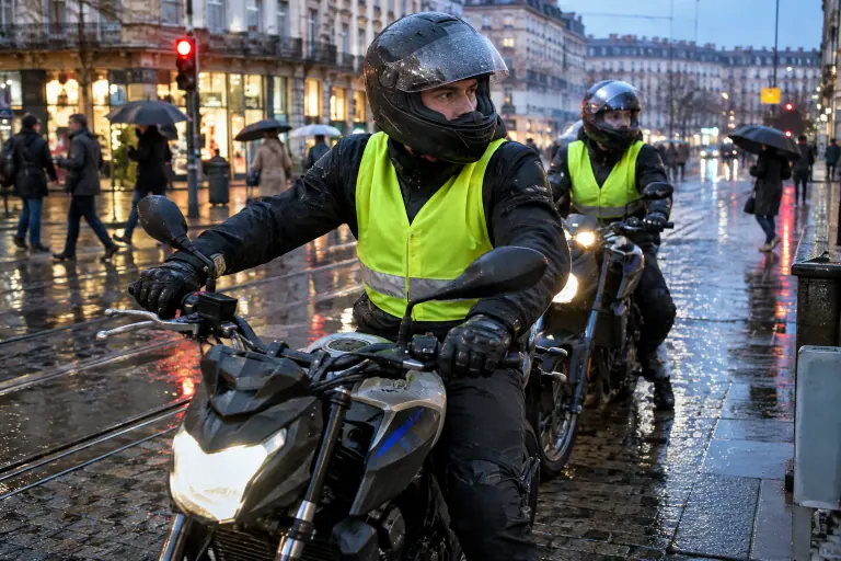 Sous la pluie de décembre à Lyon, un élève du permis A2 en gilet fluo attend au feu sur un roadster d’auto-école, sa monitrice juste derrière lui