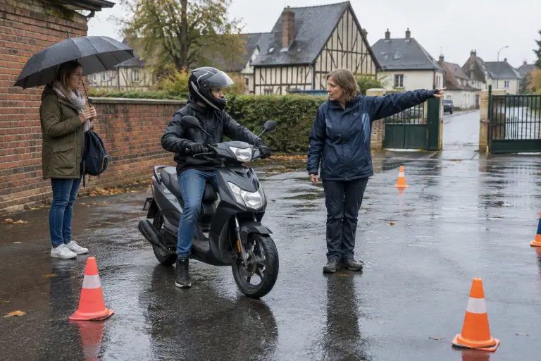 Dans la cour d’une auto-école normande, un collégien casqué sur un scooter 50 écoute sa formatrice pendant que sa mère attend sous un parapluie