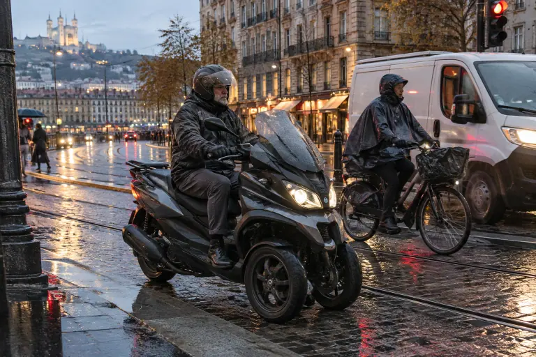 Sous la pluie d’un soir de novembre à Lyon, un homme d’une cinquantaine d’années casqué et équipé attend au feu rouge sur un scooter à deux roues avant