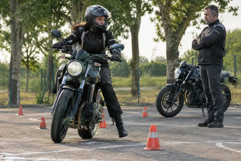 Sur la piste d’une moto-école près de Toulouse, une jeune femme équipée roule au pas entre les plots sous le regard de son moniteur