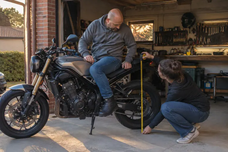 Dans un garage de pavillon près de Toulouse, un motard de petite taille pose un pied à plat sur son roadster pendant qu’une amie mesure la hauteur de selle