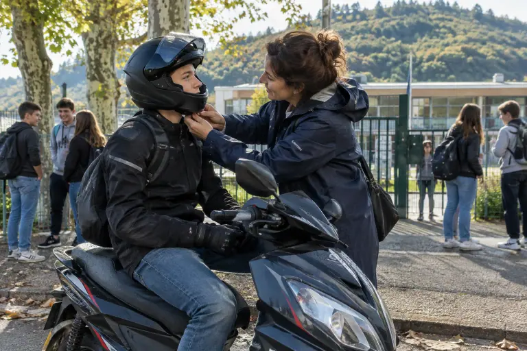 Devant un collège du Doubs, une mère vérifie la jugulaire du casque intégral de son fils de quatorze ans assis sur un scooter 50 sportif
