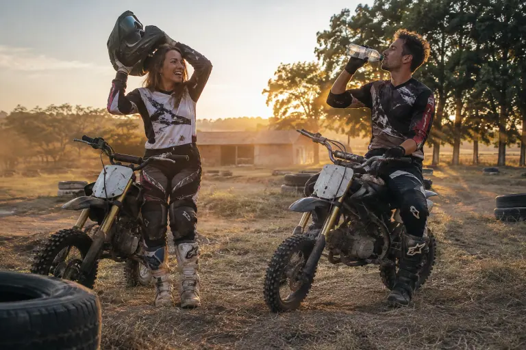 Deux amis en tenue de cross font une pause avec leurs pit bikes sur une petite piste en terre tracée dans un champ du Gers, en fin de journée d’été