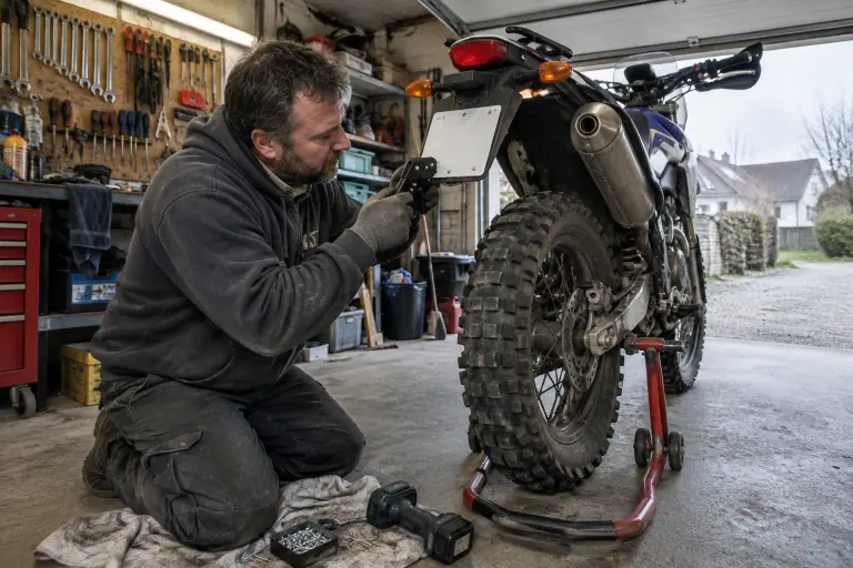 Dans un garage de pavillon près de Dijon, un motard fixe au rivet une plaque neuve sur le support arrière de son trail posé sur béquille d’atelier