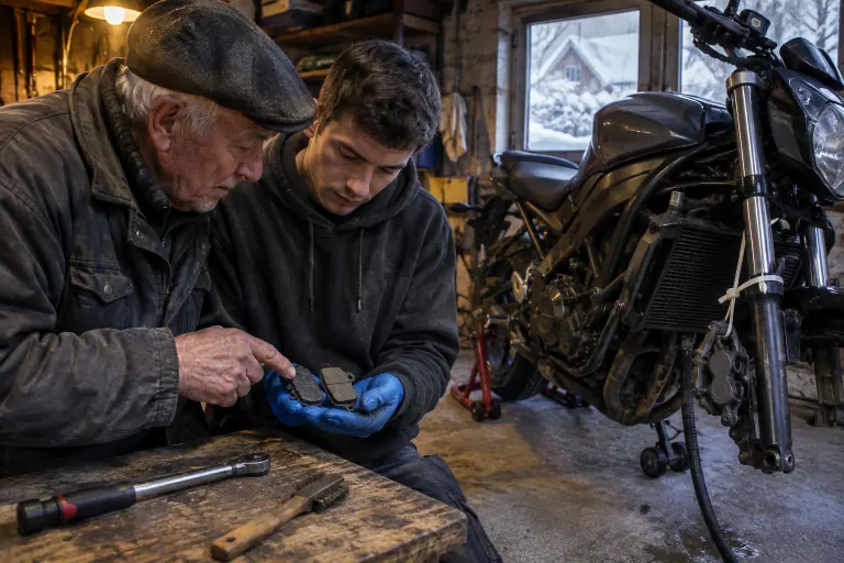 Un grand-père montre à son petit-fils une plaquette de frein usée à côté d’une neuve, étrier avant attaché à la fourche, dans un garage alsacien