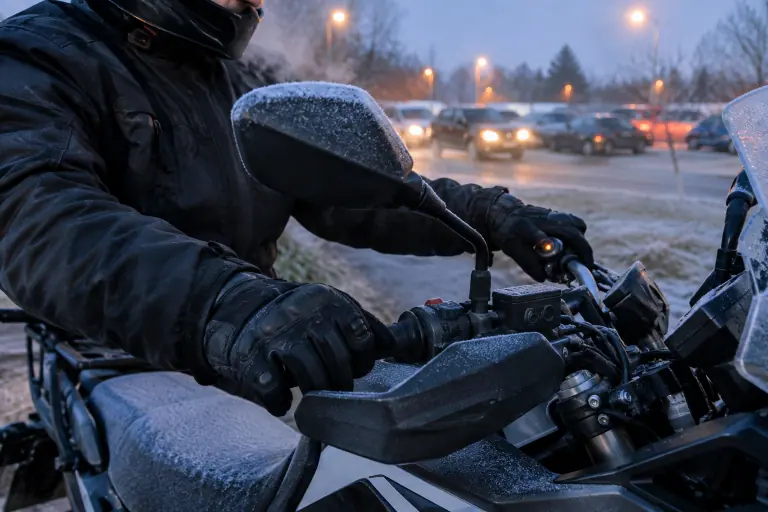 Au petit matin sur une aire de covoiturage givrée, un motard allume le boîtier de ses poignées chauffantes sur un trail équipé de protège-mains