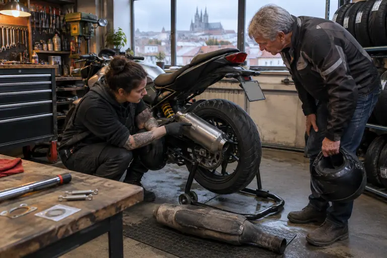 Dans un atelier de Clermont-Ferrand, une mécanicienne montre à un motard la plaque d’homologation rivetée sur le silencieux inox de son roadster