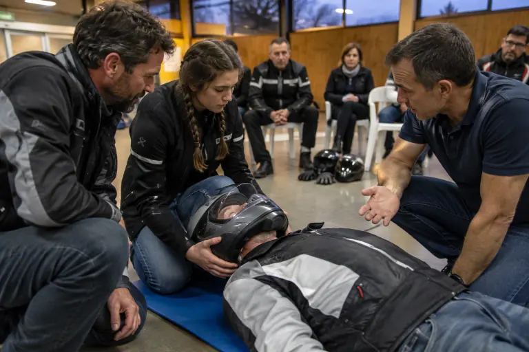 Lors d’une formation aux premiers secours, une motarde maintient la tête d’un volontaire allongé qui porte un casque intégral, sous l’œil d’un formateur