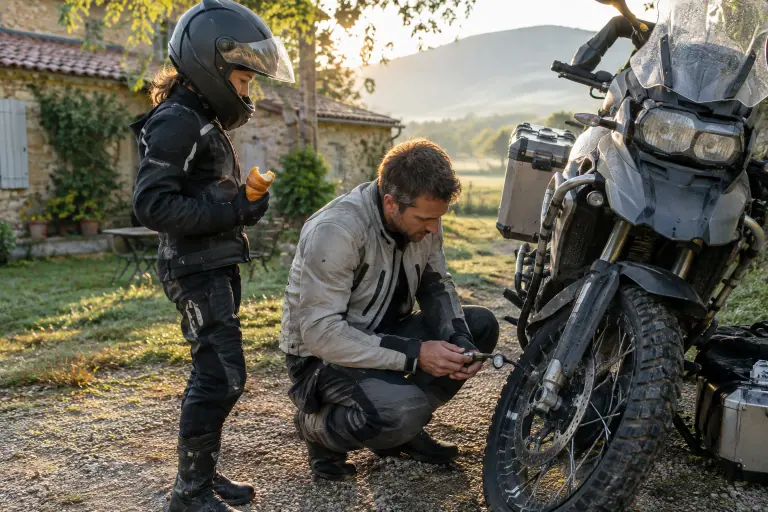 Dans la cour d’une maison d’hôtes au petit matin, un motard vérifie à froid la pression du pneu avant de son trail, sous le regard de sa fille équipée