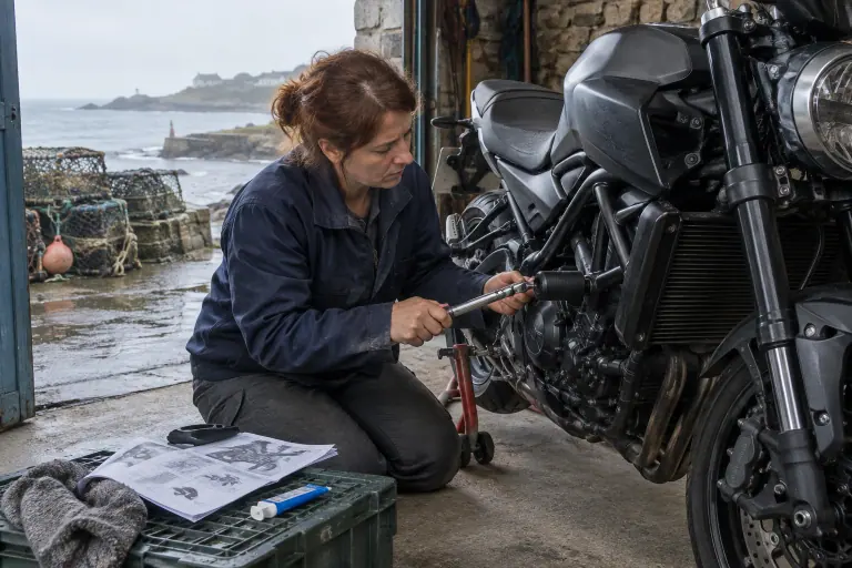Dans un garage d’un village côtier breton, une motarde serre à la clé dynamométrique un tampon de protection sur son roadster posé sur béquille d’atelier