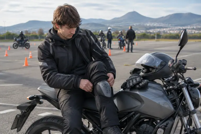 Sur le parking d’une moto-école, un jeune motard assis sur sa 125 remonte la coque de genou dans la poche de son pantalon textile, plots orange derrière lui