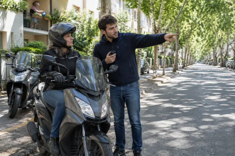Dans une rue calme de Montpellier, une conductrice équipée écoute son moniteur, assise sur un scooter 125, à la fin d’une séance de formation