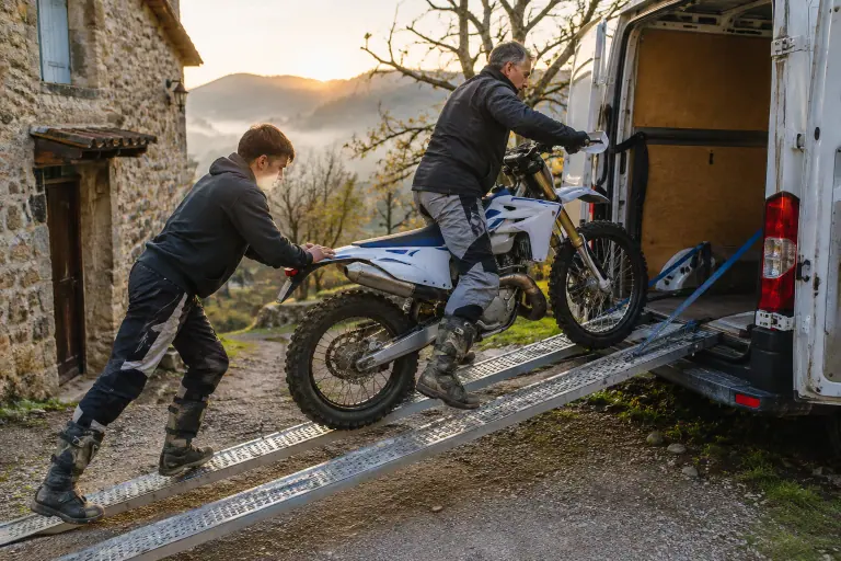 Devant une maison de pierre des Cévennes, un père et son fils poussent une moto enduro sur une rampe en aluminium pour la charger dans un fourgon