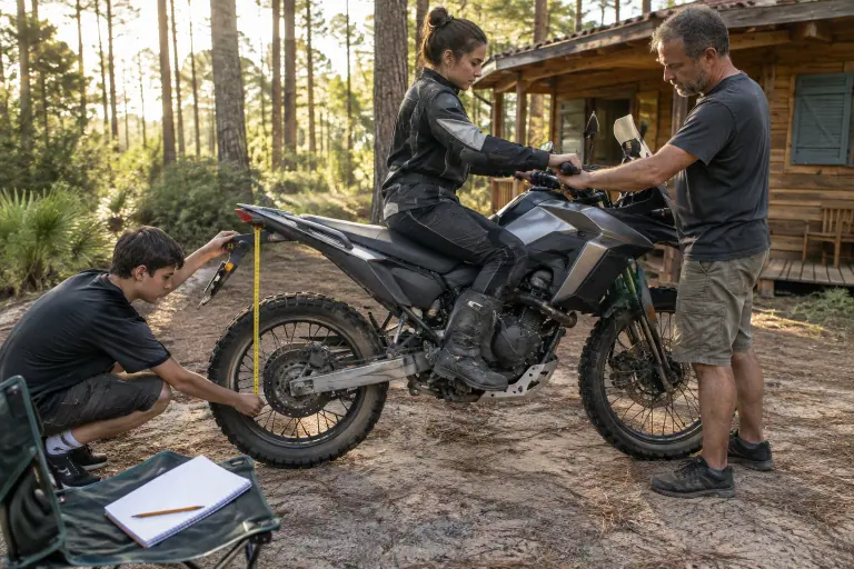 Une motarde équipée est assise sur un trail tenu droit par un homme, pendant qu’un adolescent mesure l’enfoncement de la suspension arrière au mètre ruban