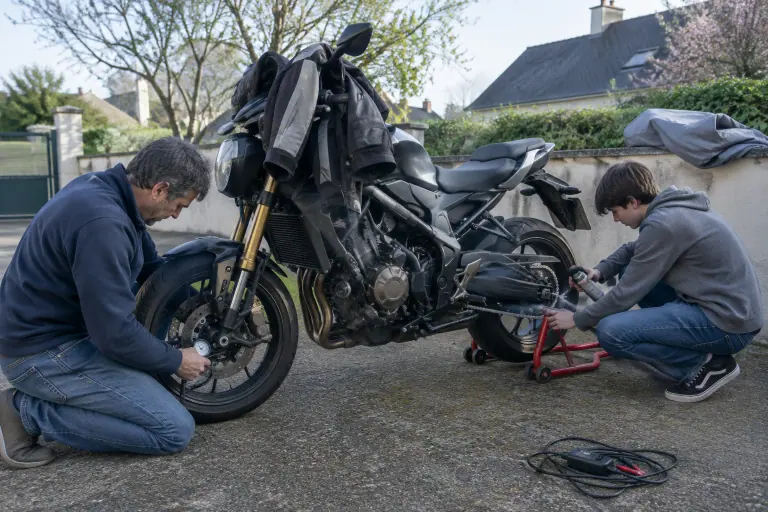 Dans l’allée d’une maison près de Nantes, un père vérifie la pression des pneus du roadster pendant que son fils graisse la chaîne