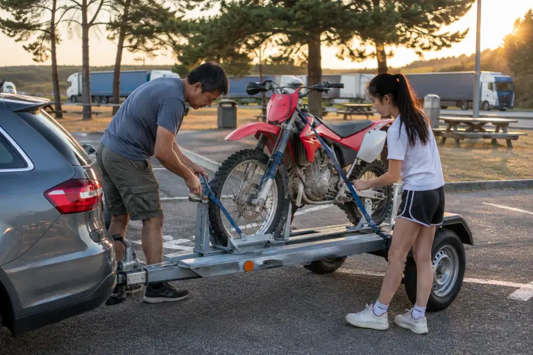 Sur une aire d’autoroute en été, un père et sa fille vérifient les sangles d’une petite moto tout-terrain arrimée sur une remorque porte-moto