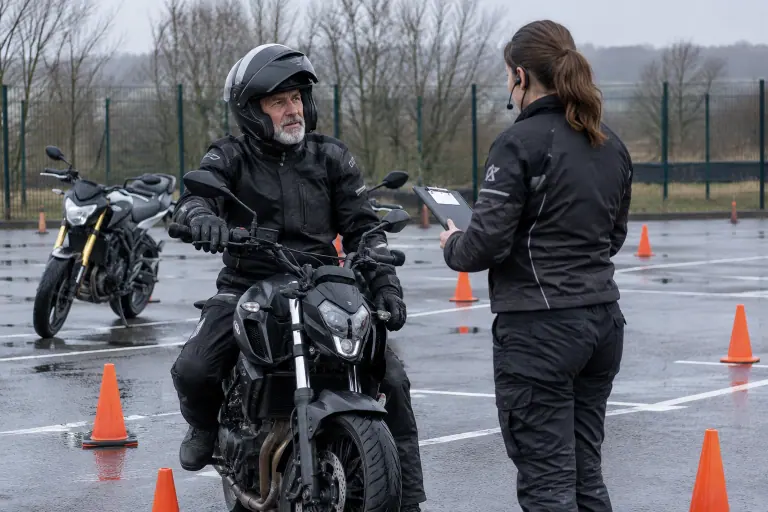 Sur la piste d’une moto-école près de Dijon, un motard d’une soixantaine d’années écoute sa monitrice avant un exercice de remise en selle entre les plots