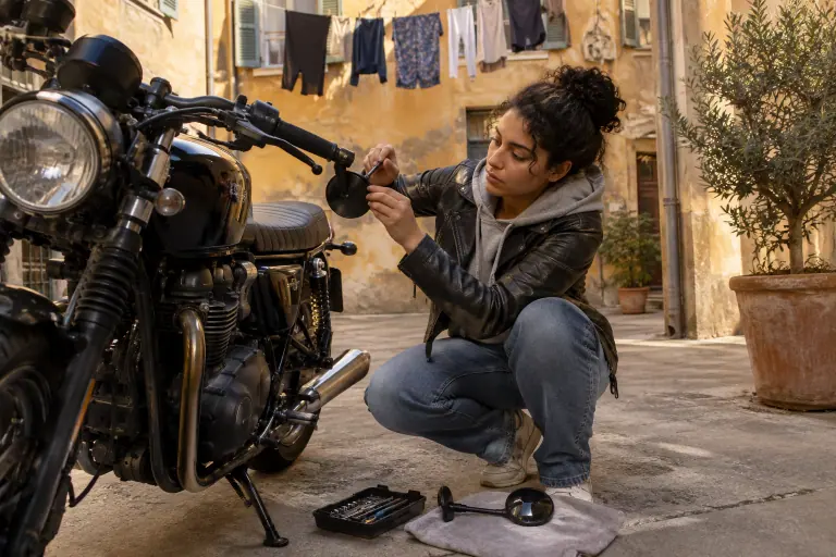 Dans une cour d’immeuble marseillaise, une jeune motarde monte un rétroviseur en bout de guidon sur son roadster néo-rétro avec une clé Allen