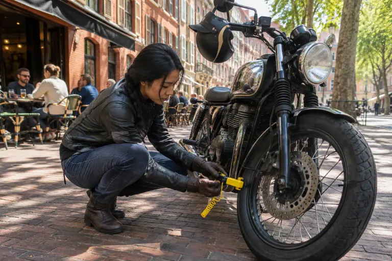 Dans une rue de briques de Toulouse, une jeune motarde pose un bloque-disque jaune sur la roue avant de son roadster rétro à monocylindre
