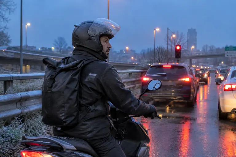 Un motard équipé d’un sac à dos étanche à sangle de poitrine attend au feu rouge sur son scooter 125 près du périphérique parisien à l’aube