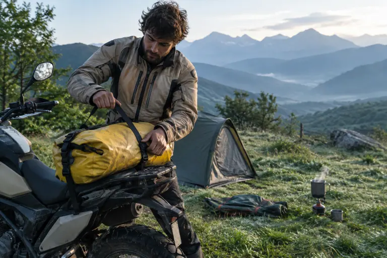 Dans un camping au pied des Pyrénées, un jeune motard serre la dernière sangle d’un sac étanche jaune sur la place passager de son trail