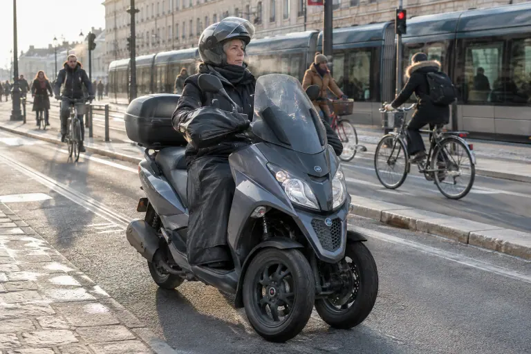 Une femme casquée attend au feu rouge à Bordeaux sur un scooter à trois roues, pieds sur le plancher, avec tablier et manchons, par un matin d’hiver