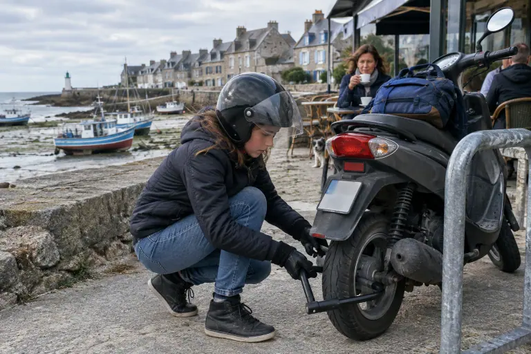 Une adolescente casquée passe un antivol en U dans la roue de son scooter 50 sur le front de mer d’un petit port breton, sa mère en terrasse derrière