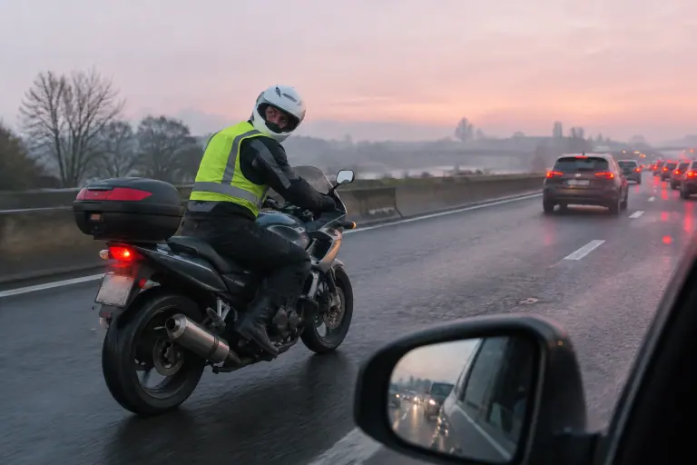 Sur une voie rapide à l’aube, un motard en gilet haute visibilité tourne la tête pour contrôler son angle mort avant de changer de file