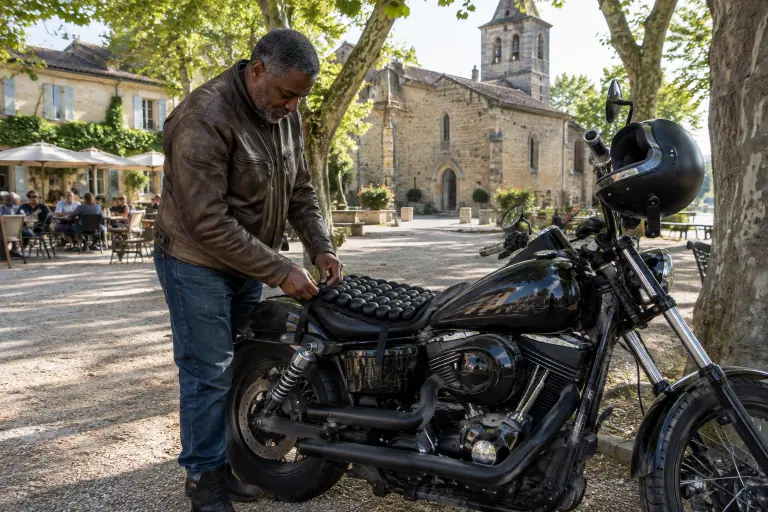 Sur une place de village du Gers, un motard d’une cinquantaine d’années fixe un coussin à cellules d’air sur la selle de son custom, à l’ombre des platanes