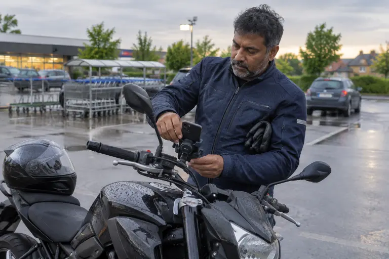 Un motard clipse son smartphone sur un support de guidon muni d’un amortisseur de vibrations, sur un roadster garé sur un parking par temps de bruine