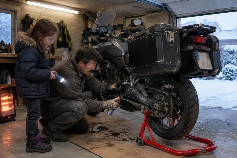 Dans un garage de Lorraine en hiver, un motard graisse la chaîne de son trail routier sur béquille d’atelier pendant que sa fille l’éclaire