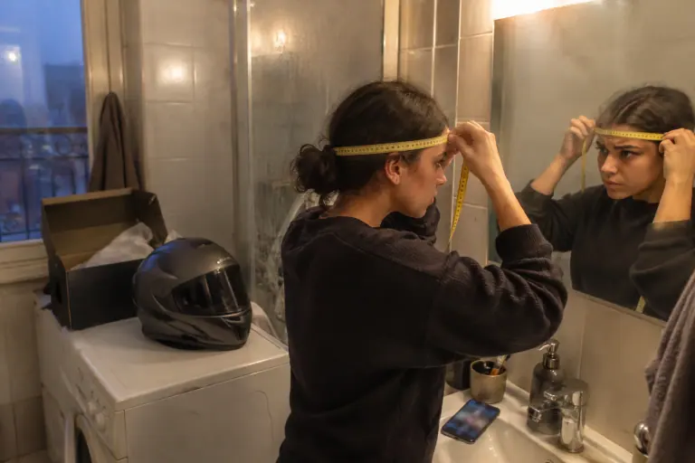 Devant le miroir de sa salle de bains, une jeune femme mesure son tour de tête au mètre ruban souple, un casque intégral neuf posé à côté d’elle