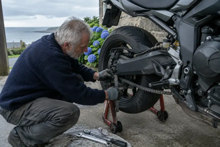 Un motard d’une soixantaine d’années mesure la flèche de la chaîne de son roadster avec un réglet, sous l’abri d’une maison en granit en Bretagne