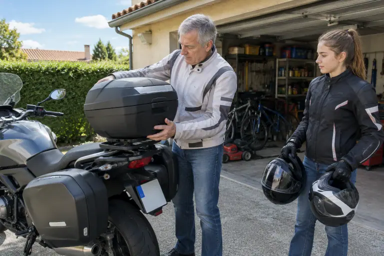 Devant son garage, un motard d’une soixantaine d’années enclenche un top case sur sa moto routière pendant que sa petite-fille tient deux casques