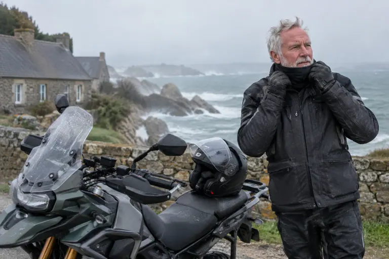 Au bord de la mer en Bretagne, un motard à barbe blanche remonte son tour de cou polaire sur le menton à côté de son trail, casque modulable posé sur la selle