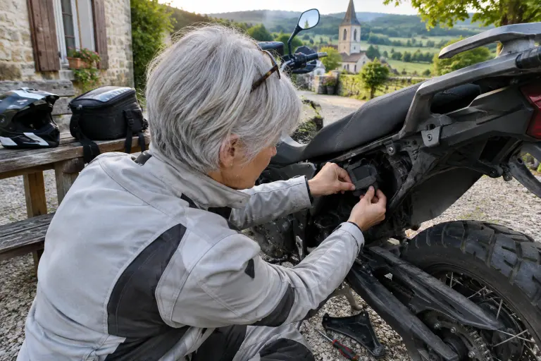 Dans la cour d’un hôtel du Jura, une motarde a déposé un cache de la coque arrière de son trail et glisse un petit traceur GPS derrière le plastique