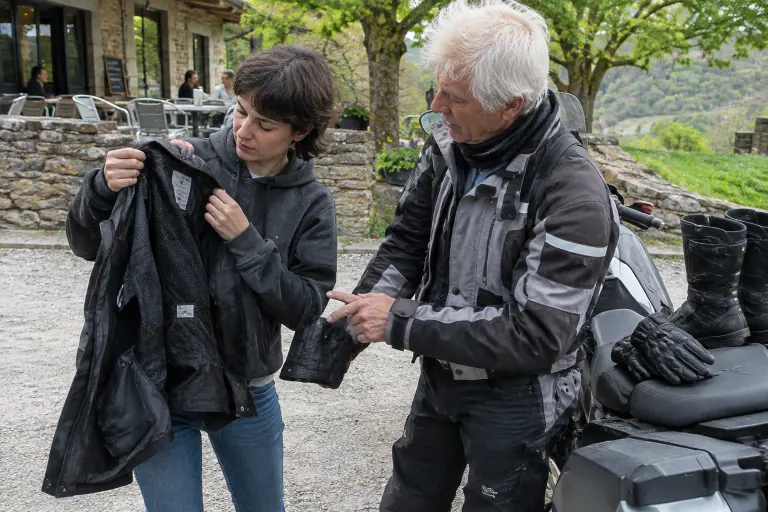 Une jeune motarde regarde l’étiquette d’un blouson textile d’occasion que lui présente un motard plus âgé, sur le parking d’un café des Cévennes
