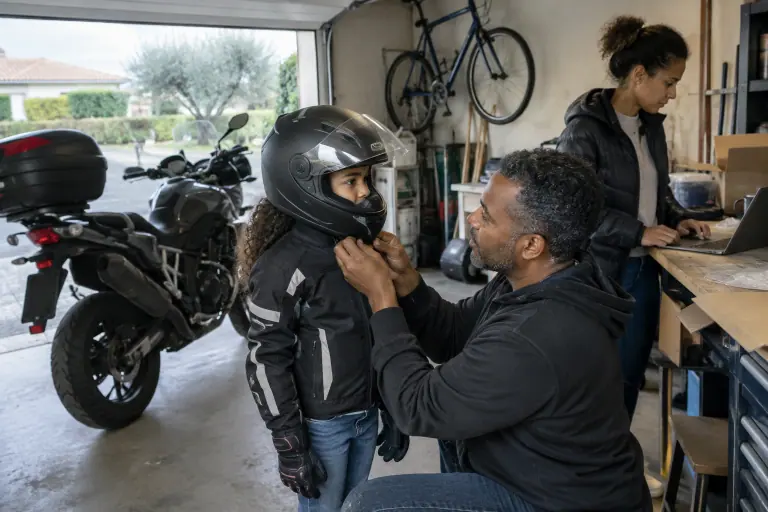 Dans un garage près de Bordeaux, un père ajuste la jugulaire du casque intégral de sa fille, déjà équipée d’un blouson et de gants moto