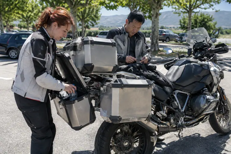 Sur une aire d’autoroute en plein été, une motarde ouvre la valise latérale en aluminium d’un gros trail pendant que son compagnon vérifie une sangle