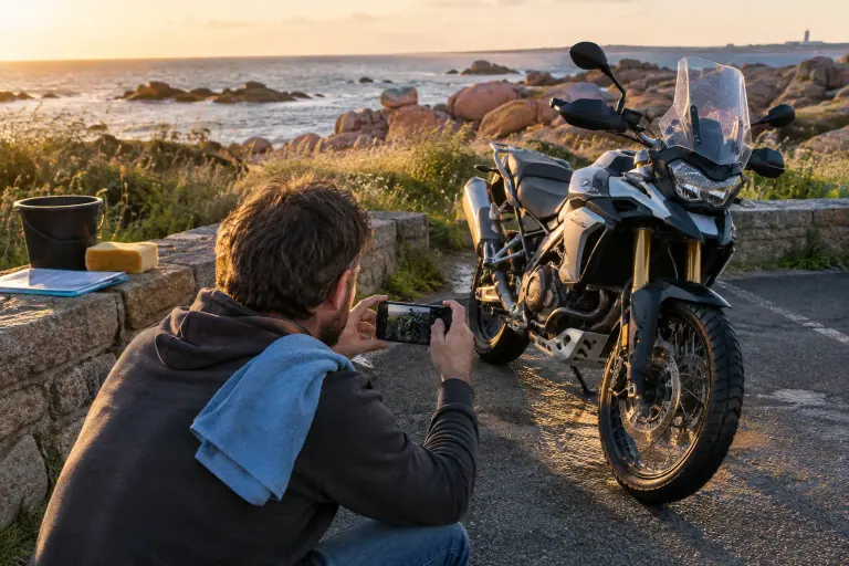 Un motard photographie au téléphone son trail fraîchement lavé, sur un petit parking en bord de mer breton au soleil couchant, pour son annonce